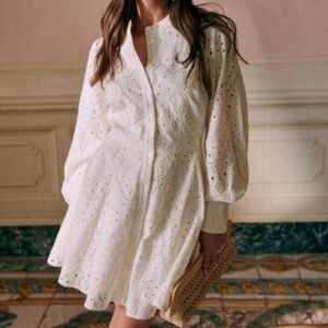 CAPRICE DRESS  Ecru white eyelet mini long sleeve mini cuff button bride spring